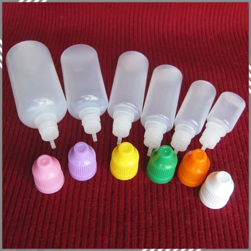 Färgglada 5 ml 10 ml 15 ml 20 ml 30 ml 50 ml tom e flytande plastdroppflaskor med barnsäkra flaskhattar och nålspetsar DHL gratis