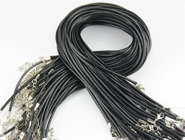 Cheap Black Wax Leather Snake Necklace Beading Cord String Rope Wire 45cm Extender Chain with Lobster Clasp DIY jewelry components