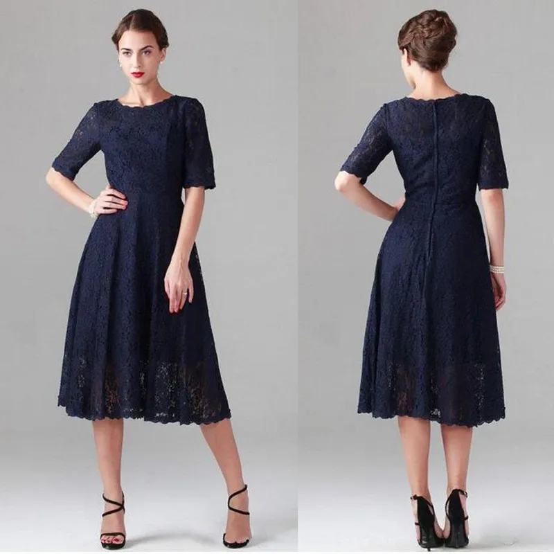 Vintage Dark Navy Tea Längd Klänningar Med Ärmar En Linje Snörning Mor av Brudklänningen Skräddarsy Modest Bröllopsfestklänningar