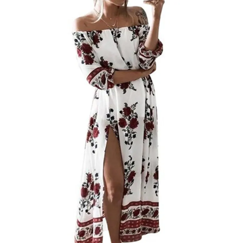 Mulheres Floral Impresso Split Maxi Long vestidos 2017 Slash pescoço praia solta casual casual boho verão vestido plus size gv691 q171122