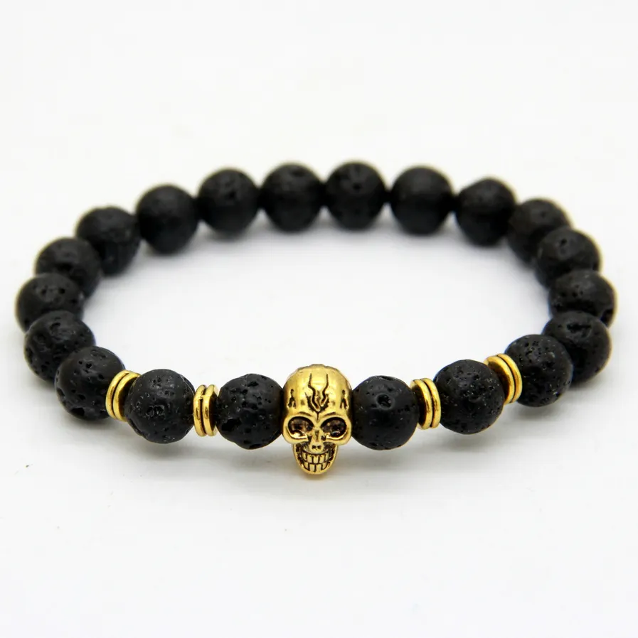 2015 Nya produkter Hela 10st Beaded 8mm Lava Stone Beads 24k Gold Skull Elastic Armband för män och kvinnors gåva2379