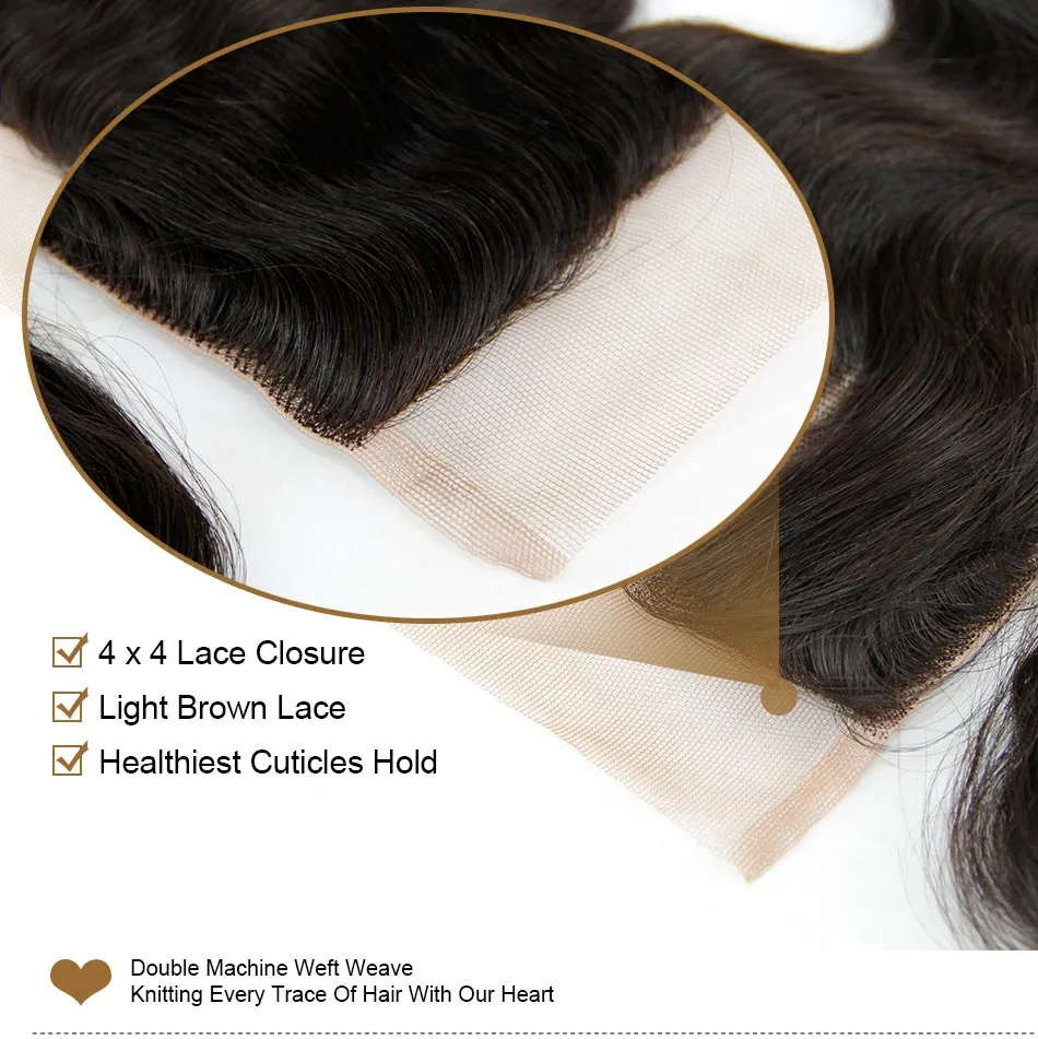 Peruvian Body Wave Lace Closure Pieces Free/Middle/3 Part Grade 6A Virgin Peruvian Human Hair Lace Closures Size 4x4 Natural Black Color