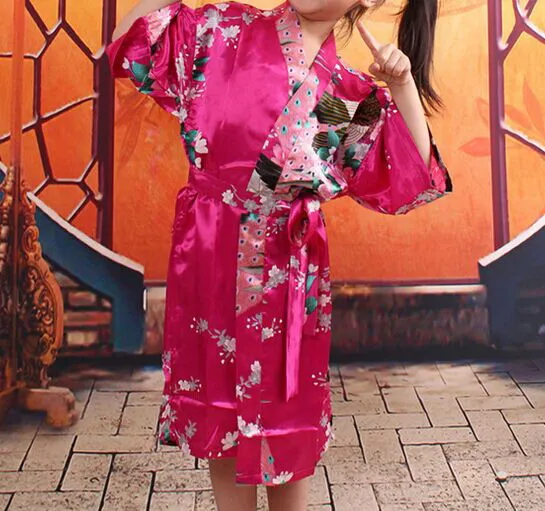 Girls Royan Silk Robe Satin Pyjama Gown Peacock Lingerie Sleepwear Kimono Bath Gown PJS Nightgown 37651061029