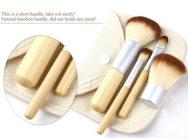 DHL GRATIS 4PCS Naturliga bambuhandtag Makeupborstar Set Kosmetik Verktyg Kit Pulver Blush Borstar med Hemp Linne Väska