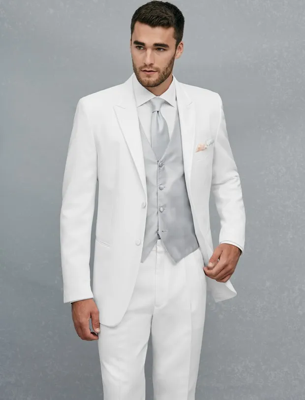 Custom Made Two Button White Groom Tuxedos Peak Lapel Groomsmen Mens Wedding Prom Suits (Jacket+Pants+Vest+Tie) H287