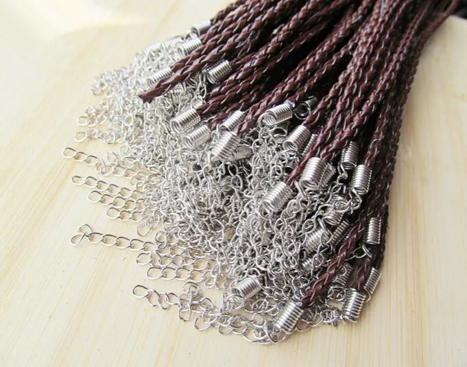 3mm Black/Brown Faux Braid Leather Necklace Chain Cord ,Beading String,Leather Rope,1.8inch Extender Chain DIY Jewelry Accessory