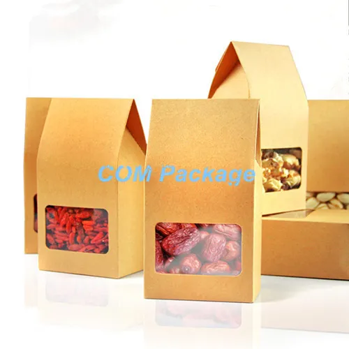 Atacado / 10 * 21,5 * 6cm Kraft Paper Box Com Limpar janela DIY Gift Packaging Food Storage embalagem Oragan Saco para lanche Biscoitos Nuts