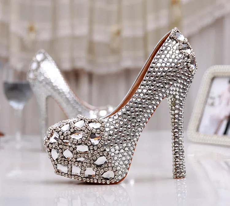 Silver Custom Make Plus Size High Heel Crystals and Dhinestones Pompy ślubne Bridal Buty Diament Lady Buty Party Prom High Heels