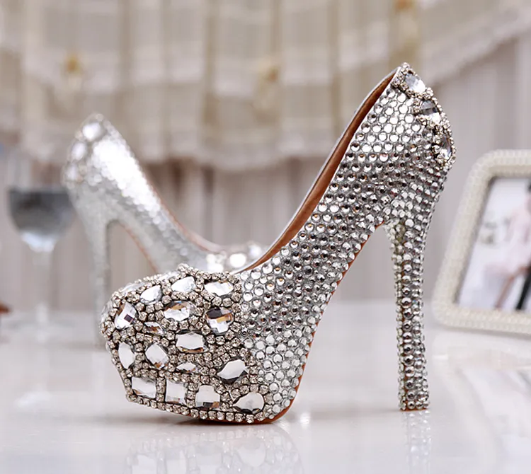 Silver Custom Gör Plus Storlek Högklack Kristaller Och Rhinestones Bröllop Bröllopspumpar Skor Diamond Lady Skor Party Prom High Heels