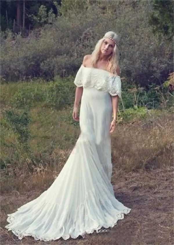 Vintage Bohemian Flutter Sleeve Wedding Dress with Off-Shoulder Neckline, A-Line Court Train, Ivory Lace Chiffon, and Hippie Boho Bridal Gowns