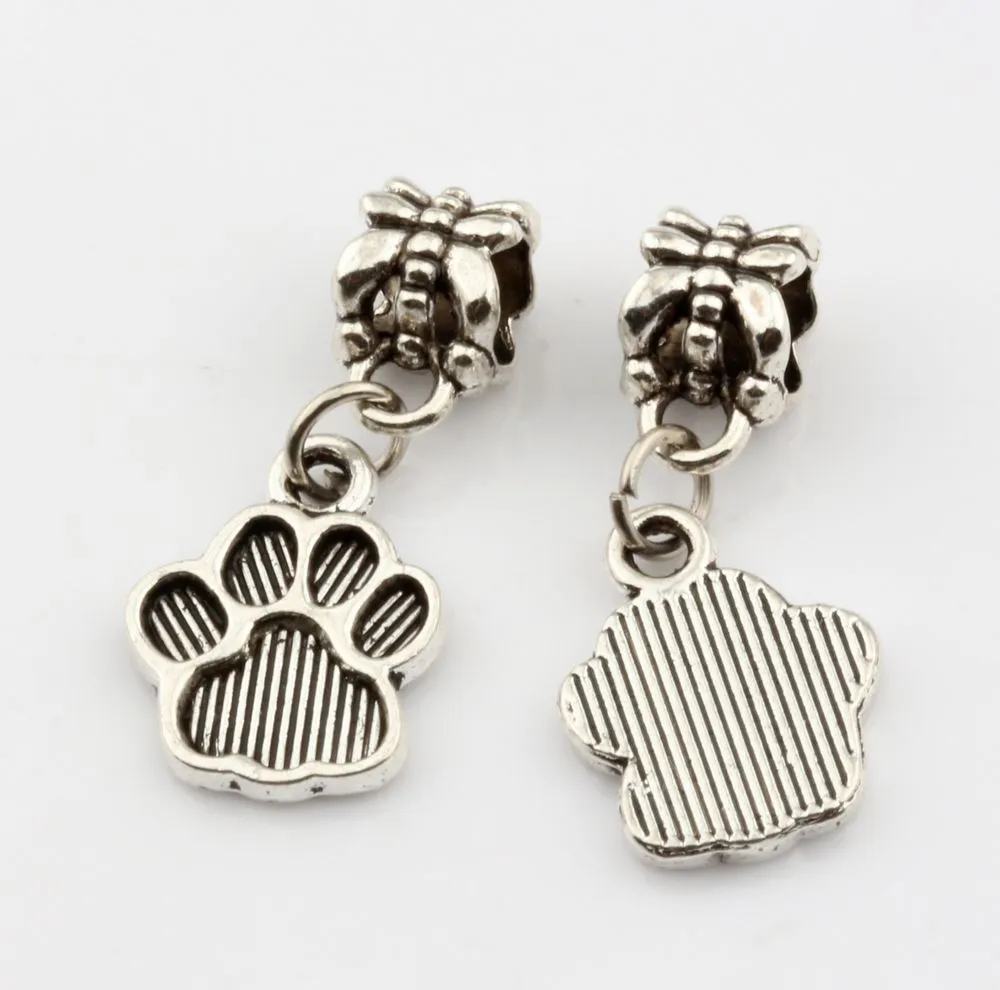 MIC antique Srebrny Tone Paw Print Charm Dangle Koraliki Fit Charm Bransoletki DIY Biżuteria 12x27mm