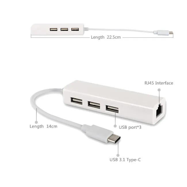 Multi-funktion USB 3.1 Typ C USB-C till 3-Port USB 2.0 nav med RJ45 LAN Gigabit Ethernet Adapter för MacBook 2015 version