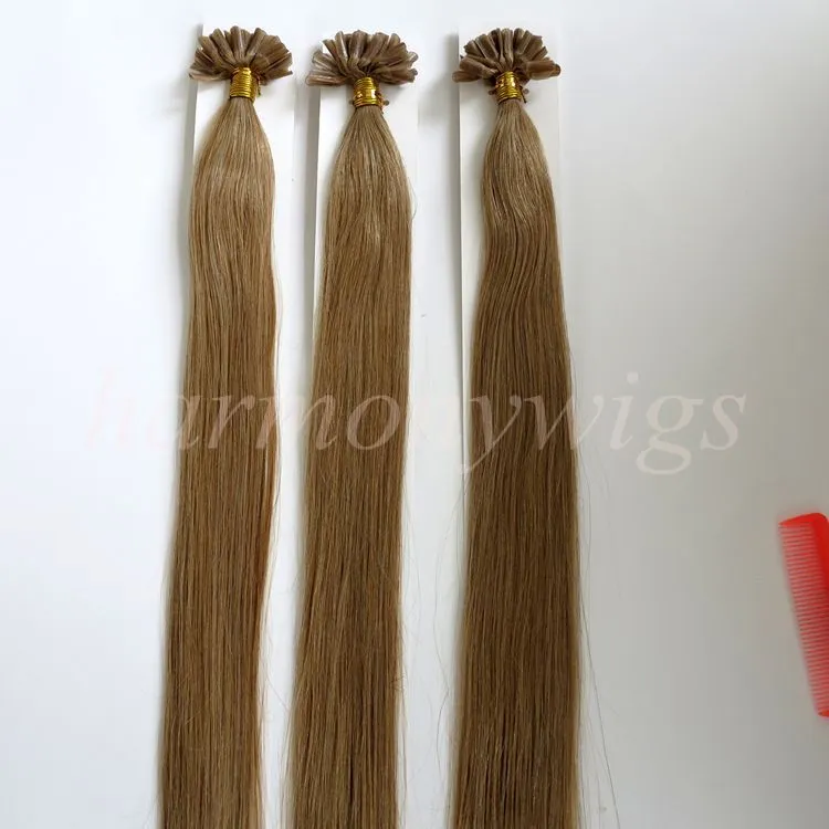 100g 100strands Pre związany paznokci U końcówki przedłużanie włosów 18 20 22 24 cali # 12 / Lekki Złoty Brązowy Brazylijski Indian Remy Human Hair