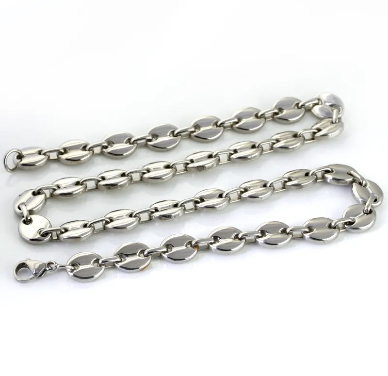 wholesale price 10mm 20''-28'' 316L Stainless steel High Polished coffee beans Link Chain Necklace fashion men women jewlery silver tone