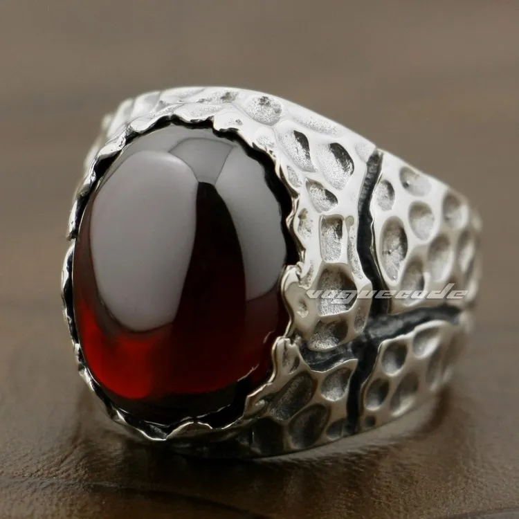 925 Sterling Silver Huge Red CZ Stone Mens Biker Rocker Punk Ring 8Y003 US Size 8.5~10 