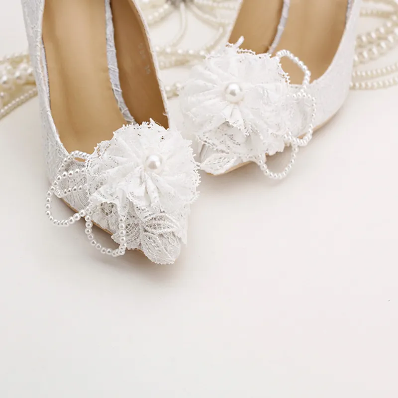 Beautiful Spring Flower Lace Bridal Shoes White Lace Pointed Toe Women Wedding Dress Shoes Fashion Lady Party Pumps