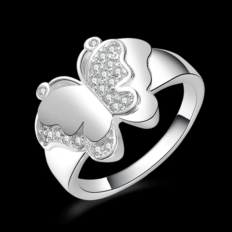 Bezpłatna wysyłka Nowa 925 Sterling Silver Fashion Jewelry Butterfly z kryształowym pierścieniem gorąca sprzedaż Girl Prezent 1481