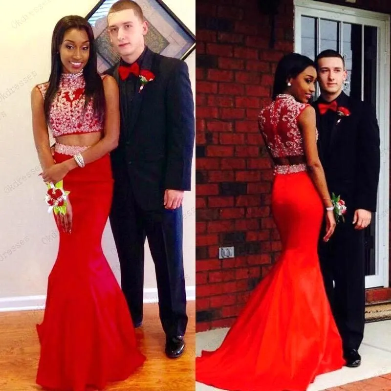 Pieces Red Two High Neck Prom Dresses Crystal Beaded See Through Sexy Back Mermaid Evening Gowns Custom Made BA