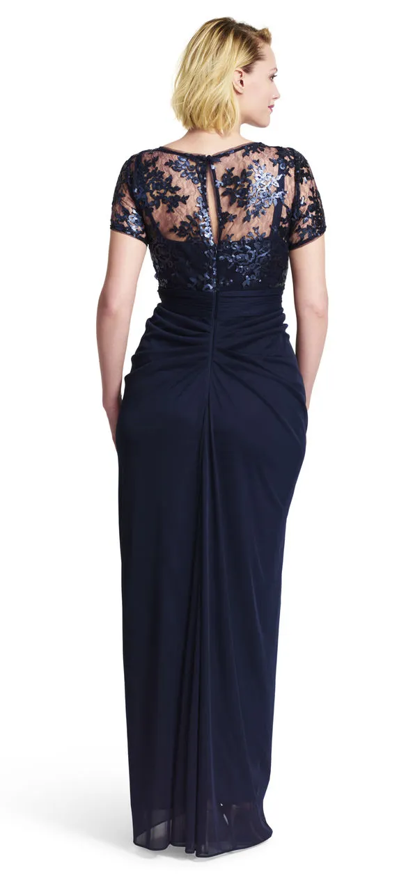 Navy Blue Chiffon Sheath Dress - Plus size, Sequin Lace, Short Sleeve, Customizable for Formal Occasion (EN7213)