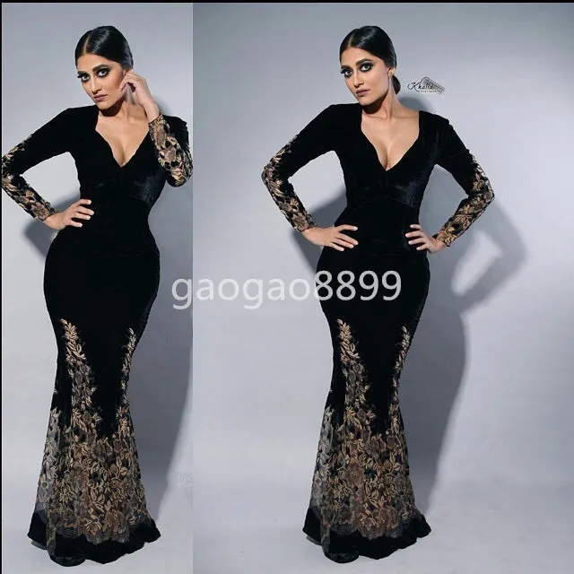 Myriam Fares Black Long Sleeve Formal Party Evening gowns Wear Inlay Gold Lace Embroidery V-neck Mermaid Dubai Arabic Prom Occasion Dresses