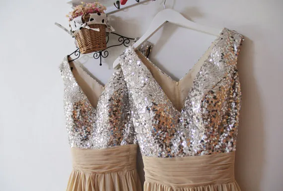 Yeni Varış Seksi Sequin Gümüş Nedime Elbise V Boyun Kayışları Bling Kat Uzunluğu Uzun Şırfon Nedime Elbiseler Bir Çizgi Sleeveless4545952