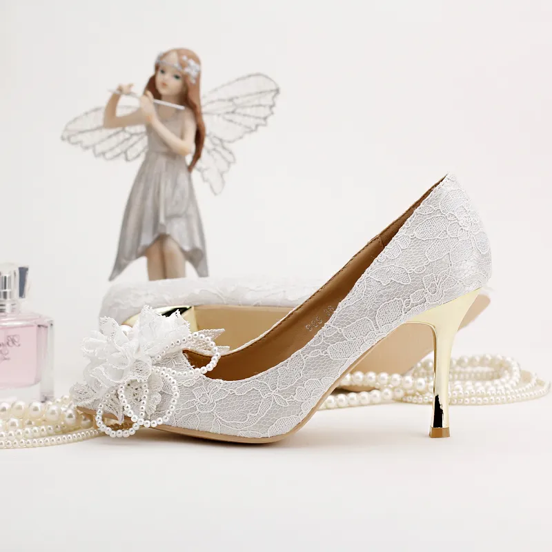 Beautiful Spring Flower Lace Bridal Shoes White Lace Pointed Toe Women Wedding Dress Shoes Fashion Lady Party Pumps