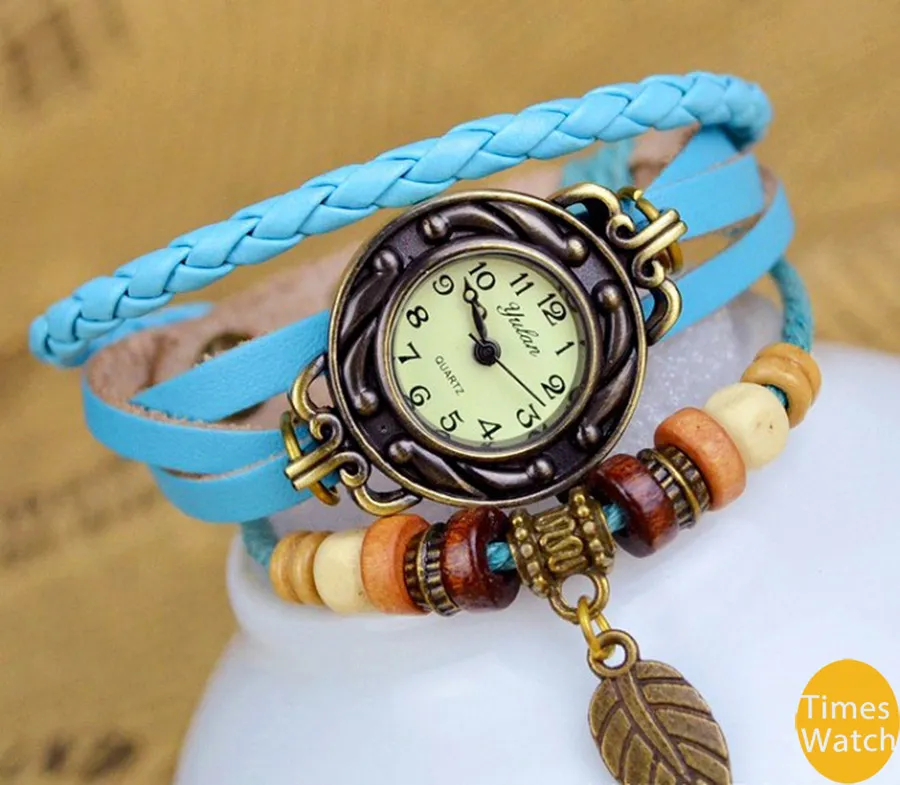 vintage watch New arrival Fashion vintage retro beaded braided rope bracelet wrap quartz cow leather wrist watch women for fift