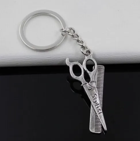 Mode porte-clés porte-clés bijoux argent plaqué ciseaux de coiffeur peigne breloques 24*53mm