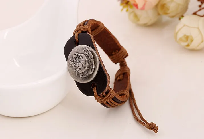 2015 latest version punk style 100% genuine leather bracelet handmade man woman disc skull rope adjustable bracelet 