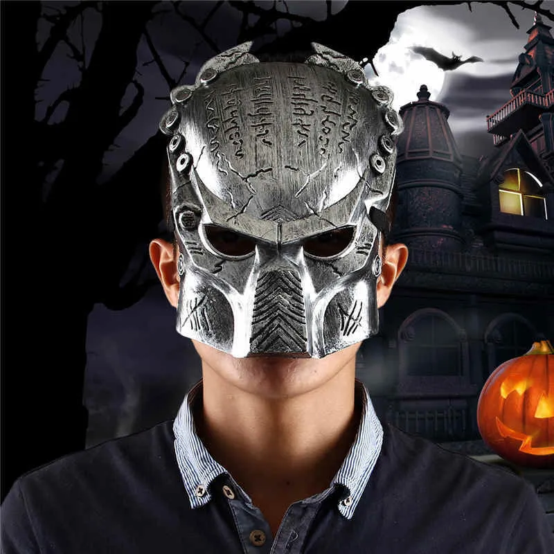 Cool Predator Masquerade Masks Halloween Props Silver Full Face Mardi Gras Film Cosplay Mens Mask na świąteczne zapasy imprezowe na imprezę