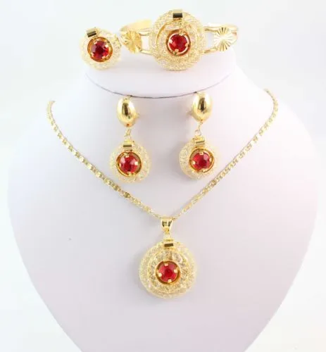 Heiße Art und Weise 18k Gold Halskette Armband-Ohrring-Ring-Kristall Hochzeit Brautschmuck Sets