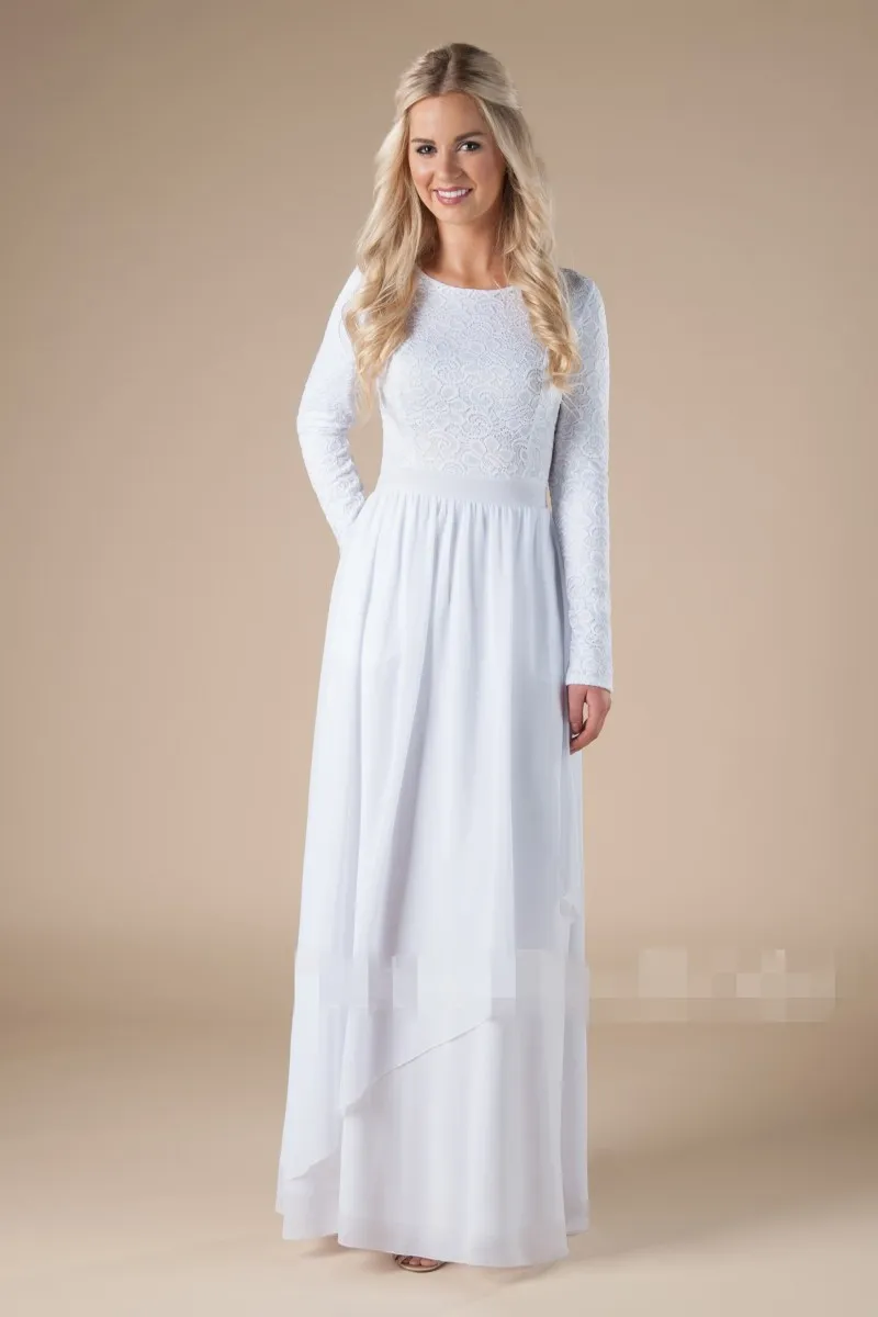 Novo Design Informal Chiffon Templo de Renda Modestos Vestidos de Casamento Com Mangas Compridas A-Line Até O Chão Vestidos de Casamento SUD