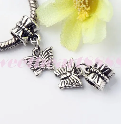 Butterfly Dangle Big Hole Beads 6styles Tibetan Silver Fit European Charm Bracelet DIY Metals Loose Bead