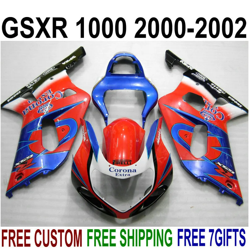 ABS SUZUKI GSX-R1000 용 페어링 세트 2000 2001 2002 빨강 파랑 코로나 고품질 페어링 키트 K2 00 01 02 GSXR1000 V58S