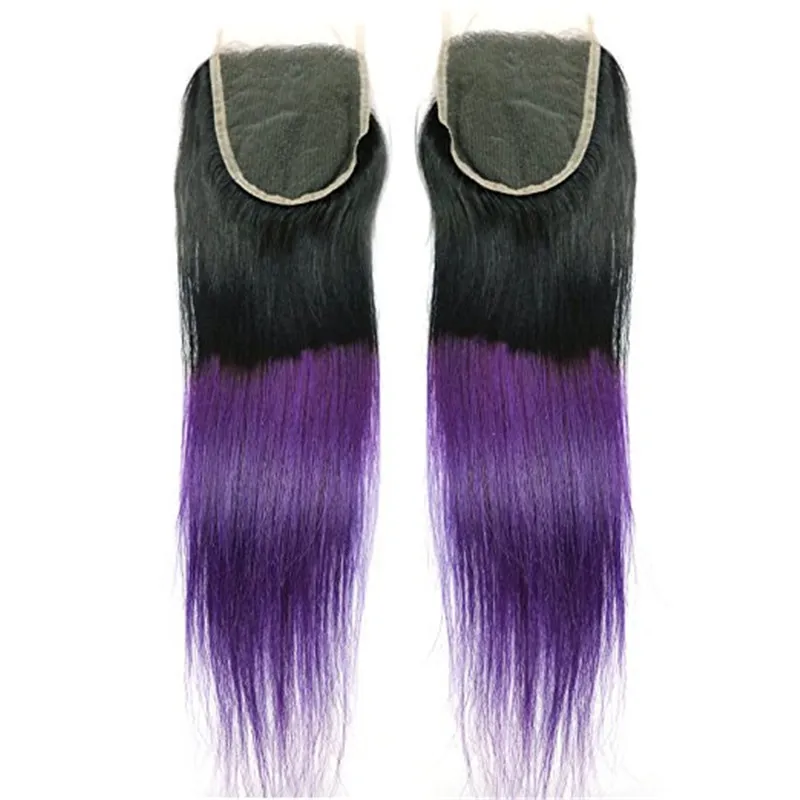 Dritto 1B Viola Ombre Capelli brasiliani vergini con chiusura superiore 4 pezzi / lotto Radice scura Viola Ombre 4x4 Chiusura frontale in pizzo con 3 pacchi