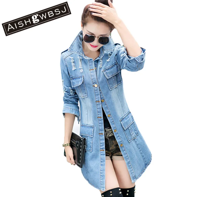 Venta al por mayor- AISGWBSJ Tallas grandes Denim Slim Coat Jean Chaquetas Casual Mujer Abrigo largo Abrigos de un solo pecho YX8883