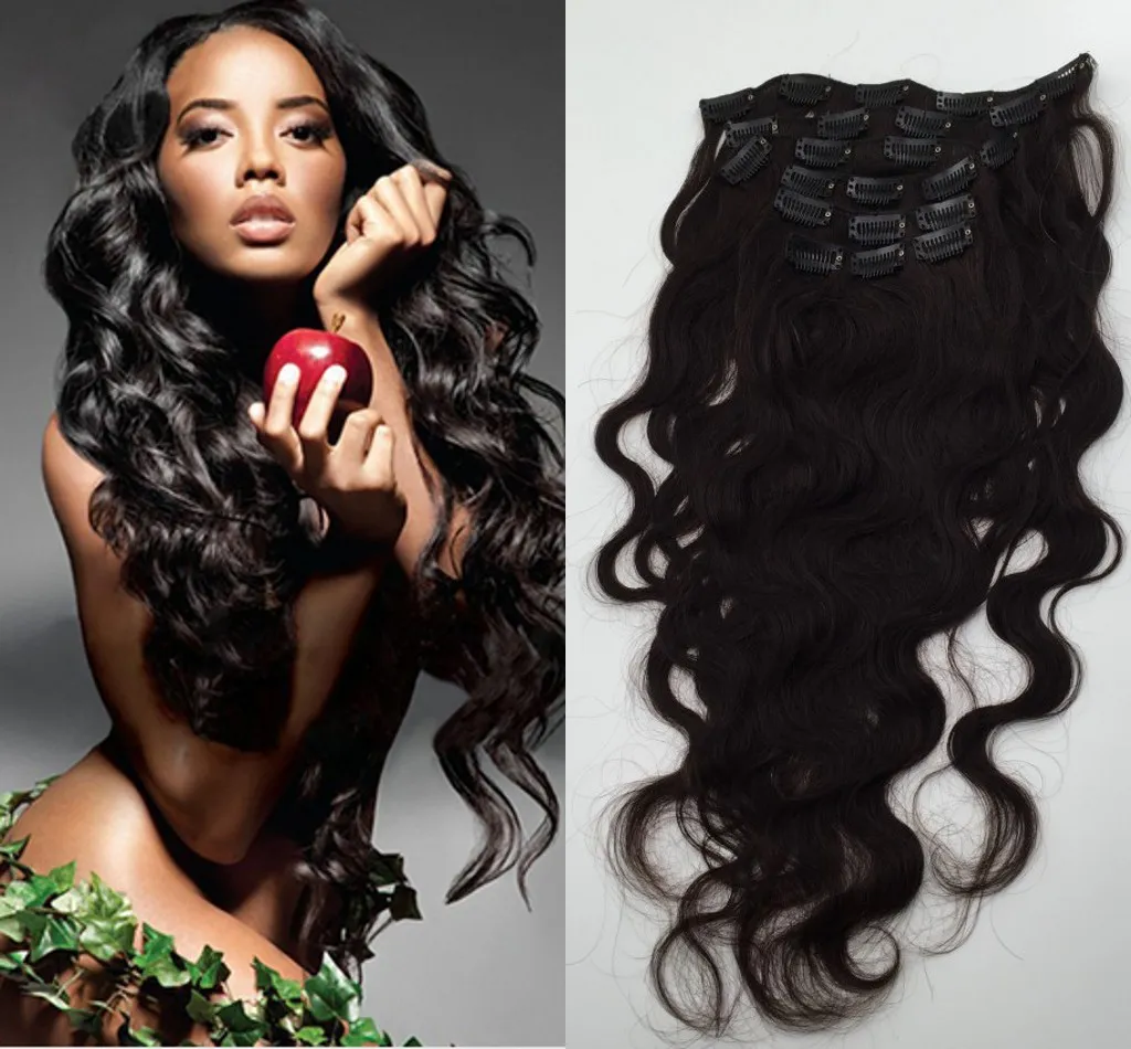 Natuurlijke Zwarte Braziliaanse Maagdelijke Haar Body Wave Clip In Hair Extensions 120g 7 Stuks Clip In Menselijk Remy Haar Clip In Haar Golvend
