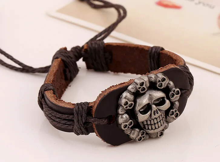 2015 offres spéciales 100% bracelet en cuir véritable fait à la main en alliage hommes femme 9 pièces crâne corde réglable bracelet 20 pièces/lot