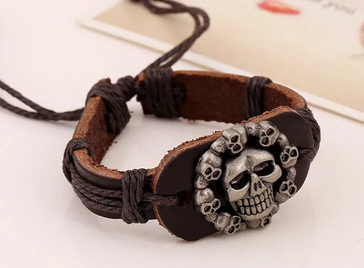 2015 heiße verkäufe 100% echtes leder armband handgemachte Legierung männer frau 9 stücke schädel seil einstellbare armband 20 teile/los