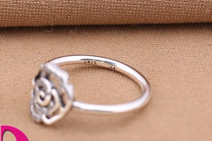 RoseSilver Rring Con Cubic Zirconia Auténticos 925 anillos de plata esterlina Ajuste para pandora charms joyería de las mujeres DIY anillo de dedos moda 1 unids