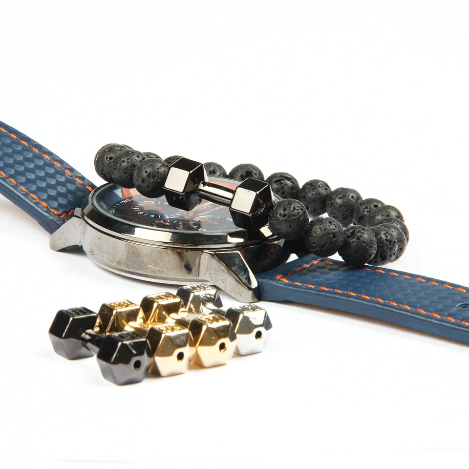 Mens Gift Wholesale New Arrival Alloy Metal Lava Rock Stone Beads Fitness Fashion Dumbbell Bracelets With Words