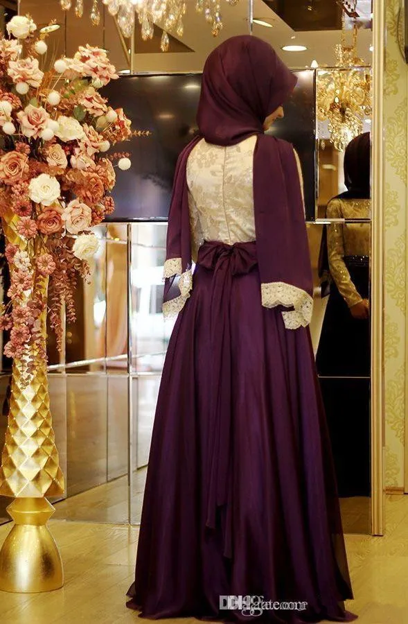 2019 Charmante donkerpaarse moslim hijab avondjurken lange mouwen plus size kanten applique prom feestjurk formele jurken3016887