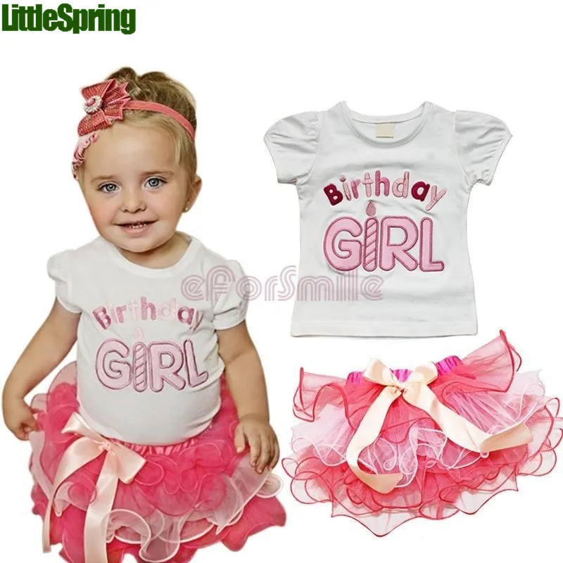 Little Birthday Girl Clothing Sets For Summer Embroidery Letter Pure Cotton Tshirt Tutu Cake Skirt 2pcs Baby Kids Suits 90-130 T577 Retail
