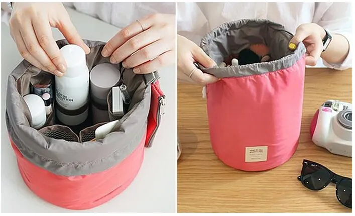 Barrel Shaped Travel Cosmetic Bag Nylon High Capacity Drawstring Drum Wash Bags Makeup Organizer 10pcs lot238U