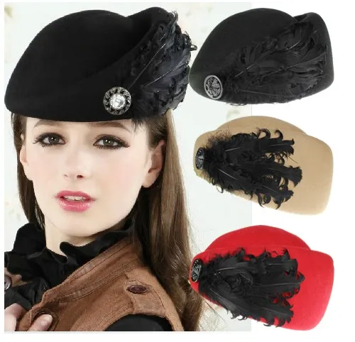 Mode Vintage Herbst Winter Solide Echt Wolle Frauen Baskenmütze Federn Kappe Stewardess Kleine Fedora Hüte 4 farben