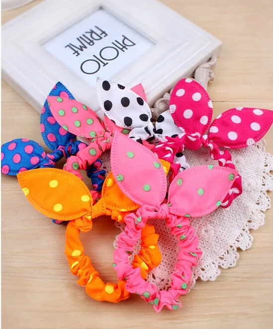 UITVERKOOP! Mode meisjes haarband mix stijlen polka dot boog konijnen oren elastische haar touw paardenstaart houder haaraccessoires 