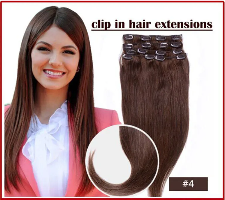 ELIBESS Atacado-140g 8 pc set 4 # medum brown 16 polegadas-26 polegada cabeça cheia de alta qualidade grampos de cabelo humano brasileiro em extensões onda reta