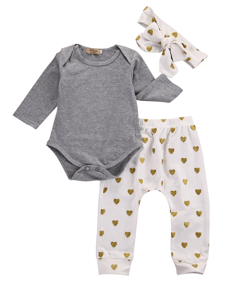 Neugeborenes Baby Mädchen Kleidung Langarm Baumwolle Strampler Gold Herz Hosen Stirnband 3 STÜCKE Outfits Kleinkind Kinder Kleidung Set Boutique Mädchen Set