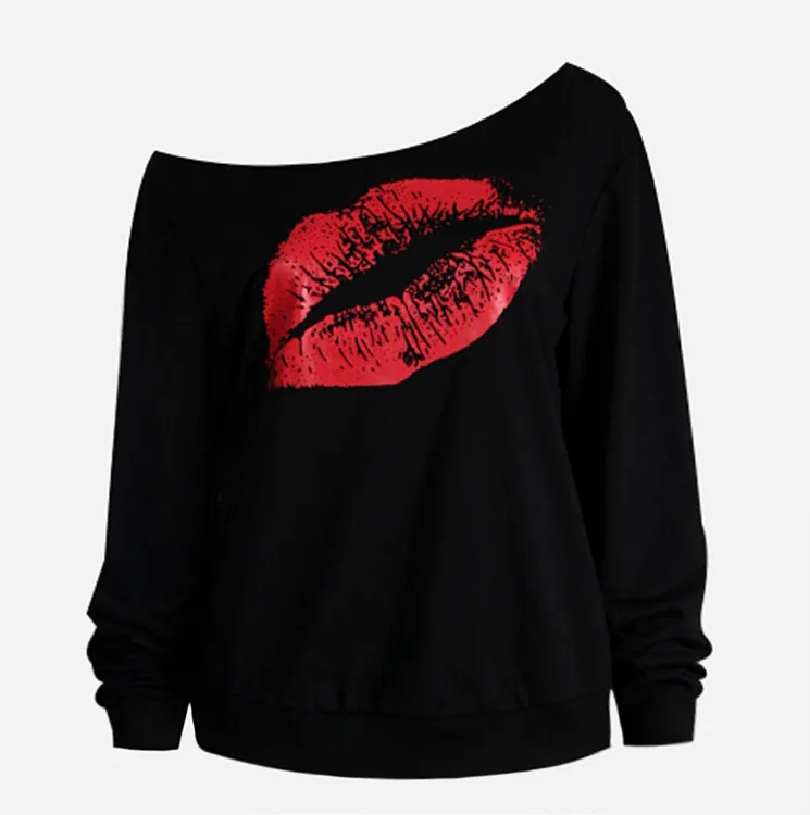 New Arrival Fashion Spring Clothes for Women2016 Round Neck Long Sleeve off Shoulder Big Lips Pattern Oblique Sexy Blouses Tops Women Tshirt