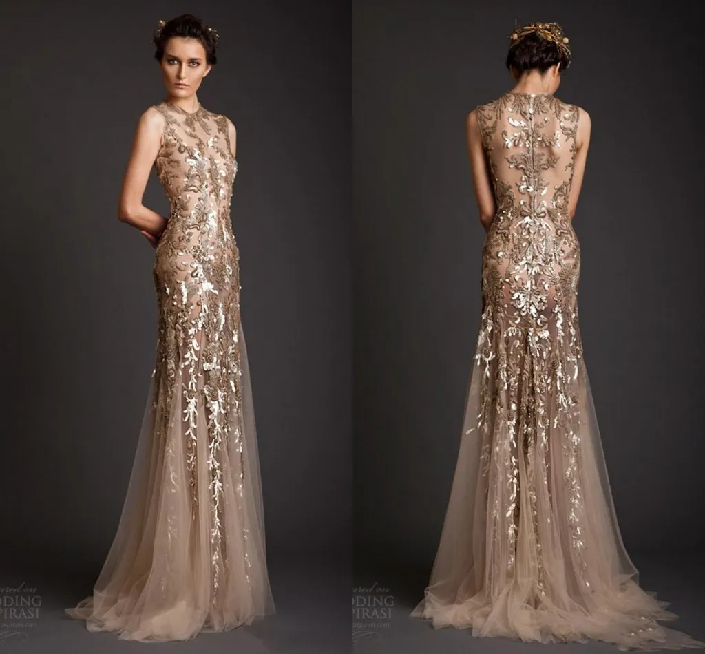 Krikor Jabotian Abiti da sera Classica forma a sirena dorata Tulle trasparente trasparente con applicazioni Abito da ballo Emboridery Abito lungo formale Dubai